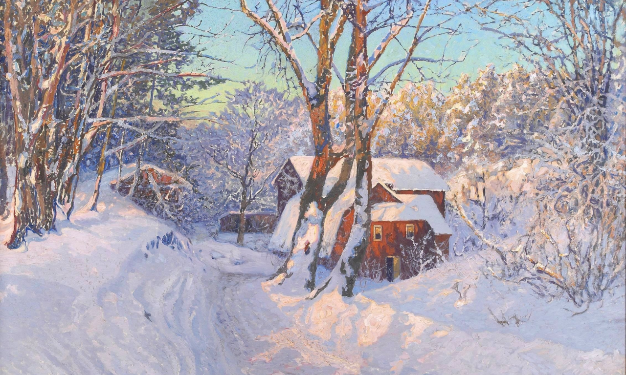 рассвет, домик, снег, зима, anshelm leonard schultzberg, пейзаж