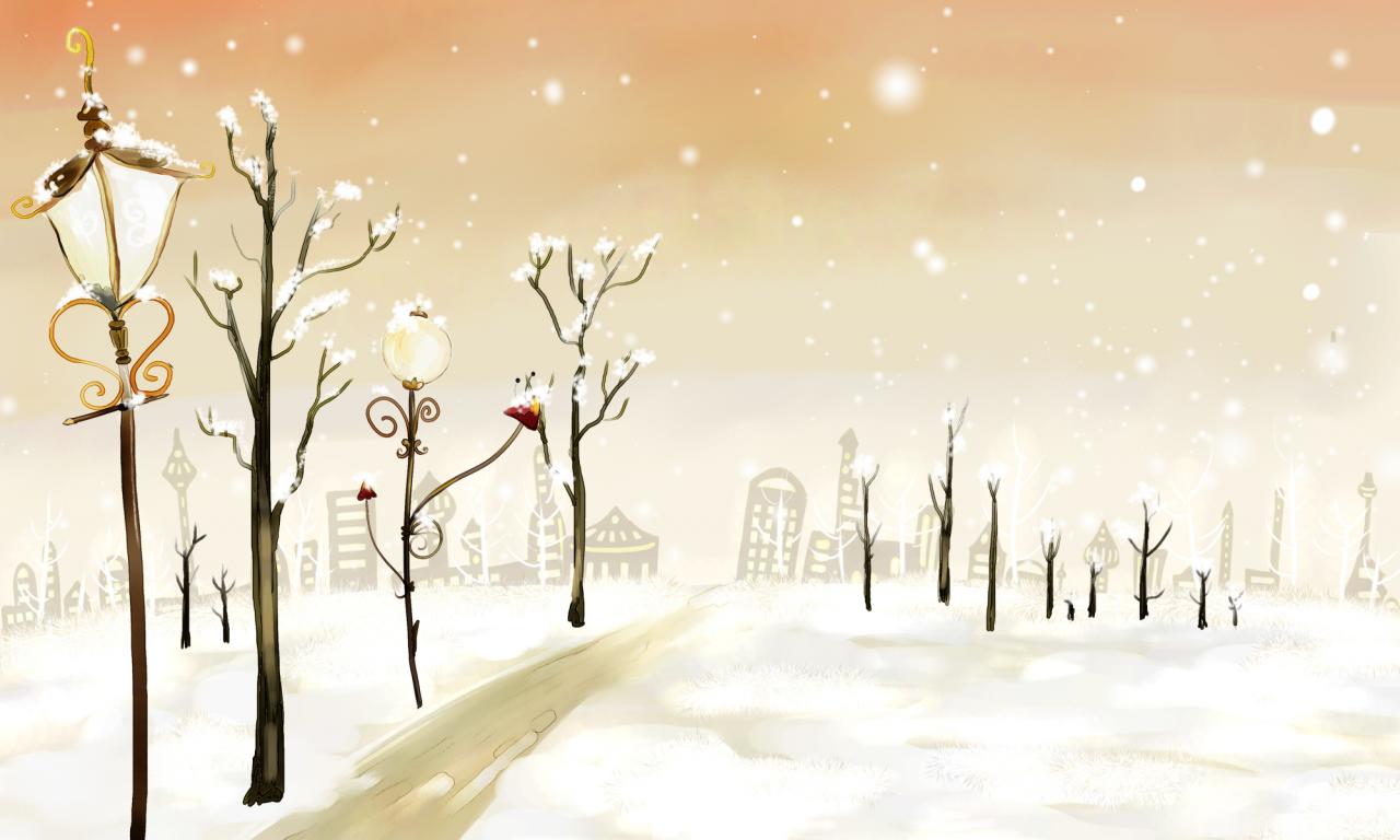 новый год, зима, снег, рисунок, деревья, дорога, фонарь