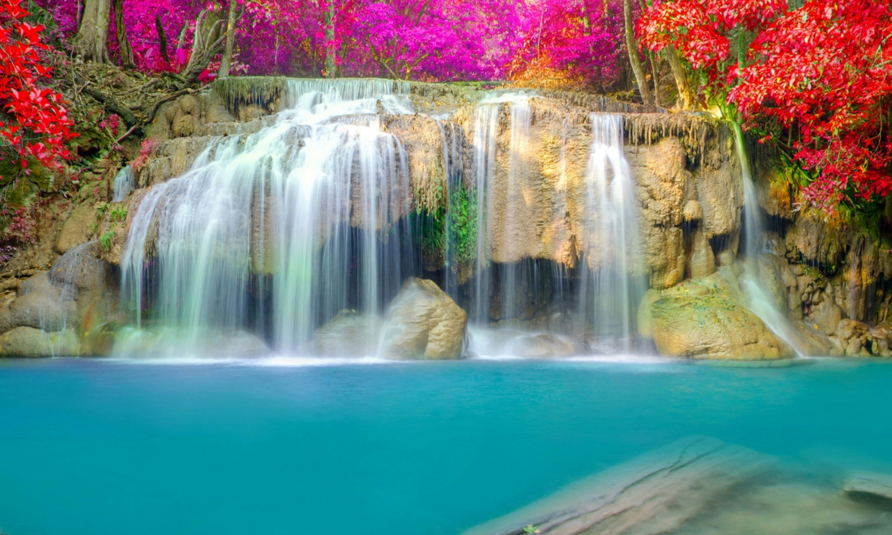 водопад, многоцветье, великолепие природы