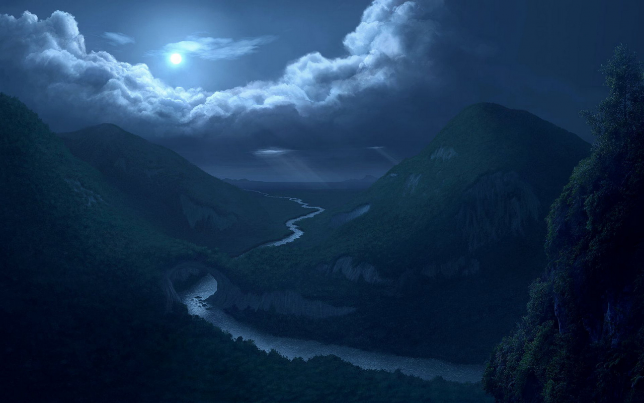 Ночь, луна, река, горы