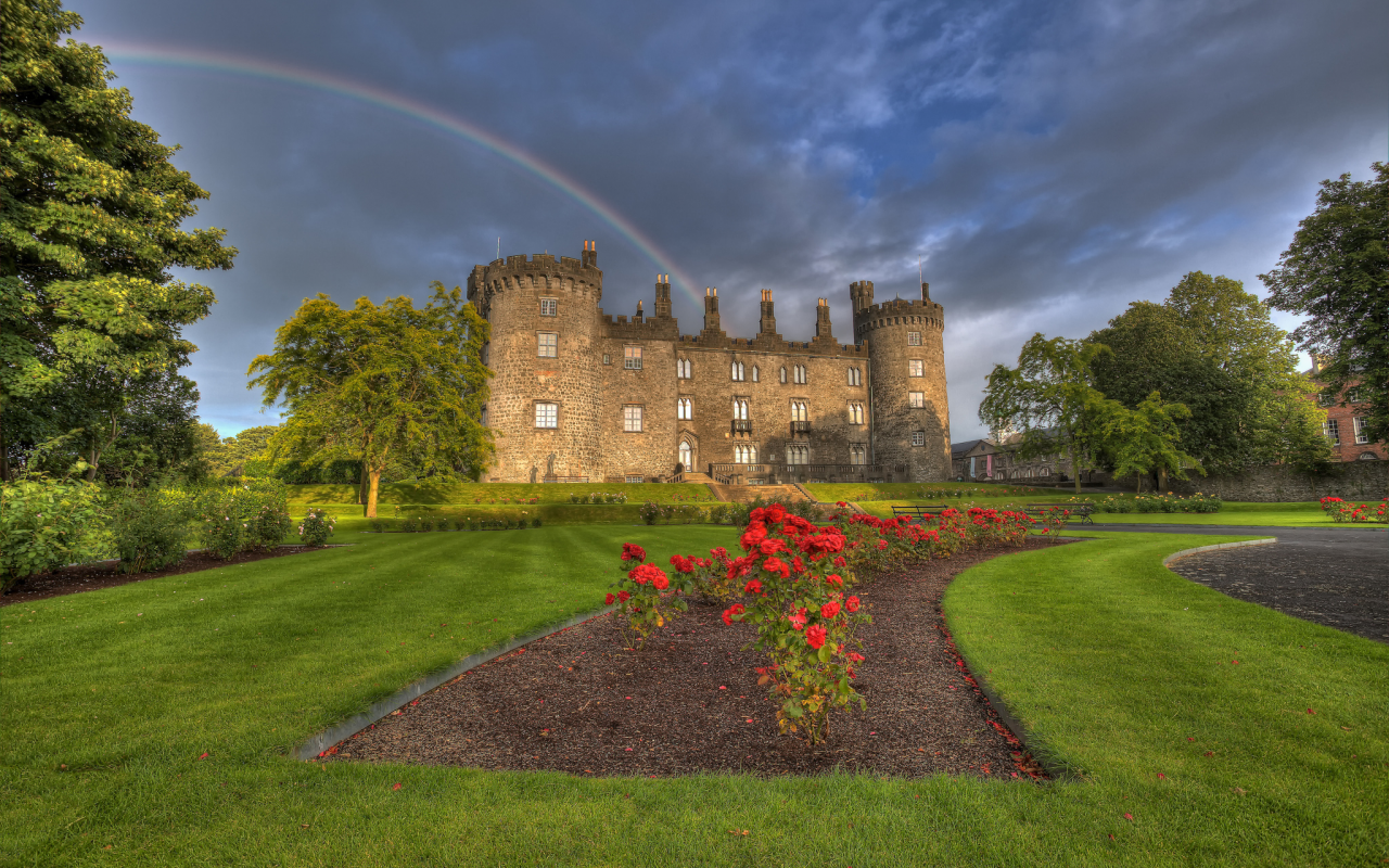 замок, цветы, kilkenny castle, ирландия, ireland, парк, радуга