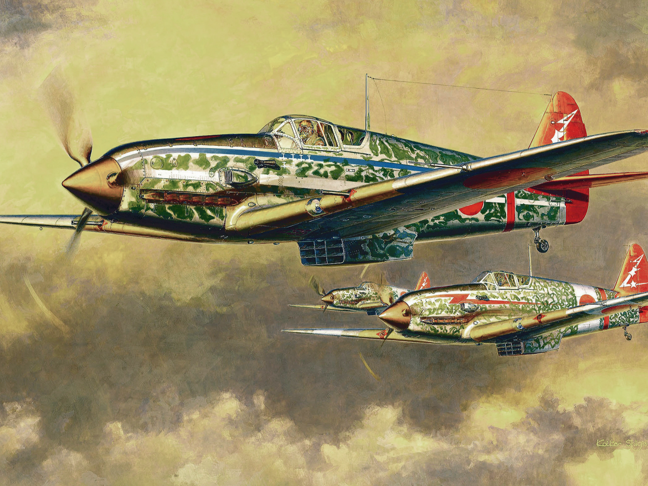 ww2, japanese fighter, japanese aircraft, painting, art, kawasaki ki-61 hien type i-hei, war