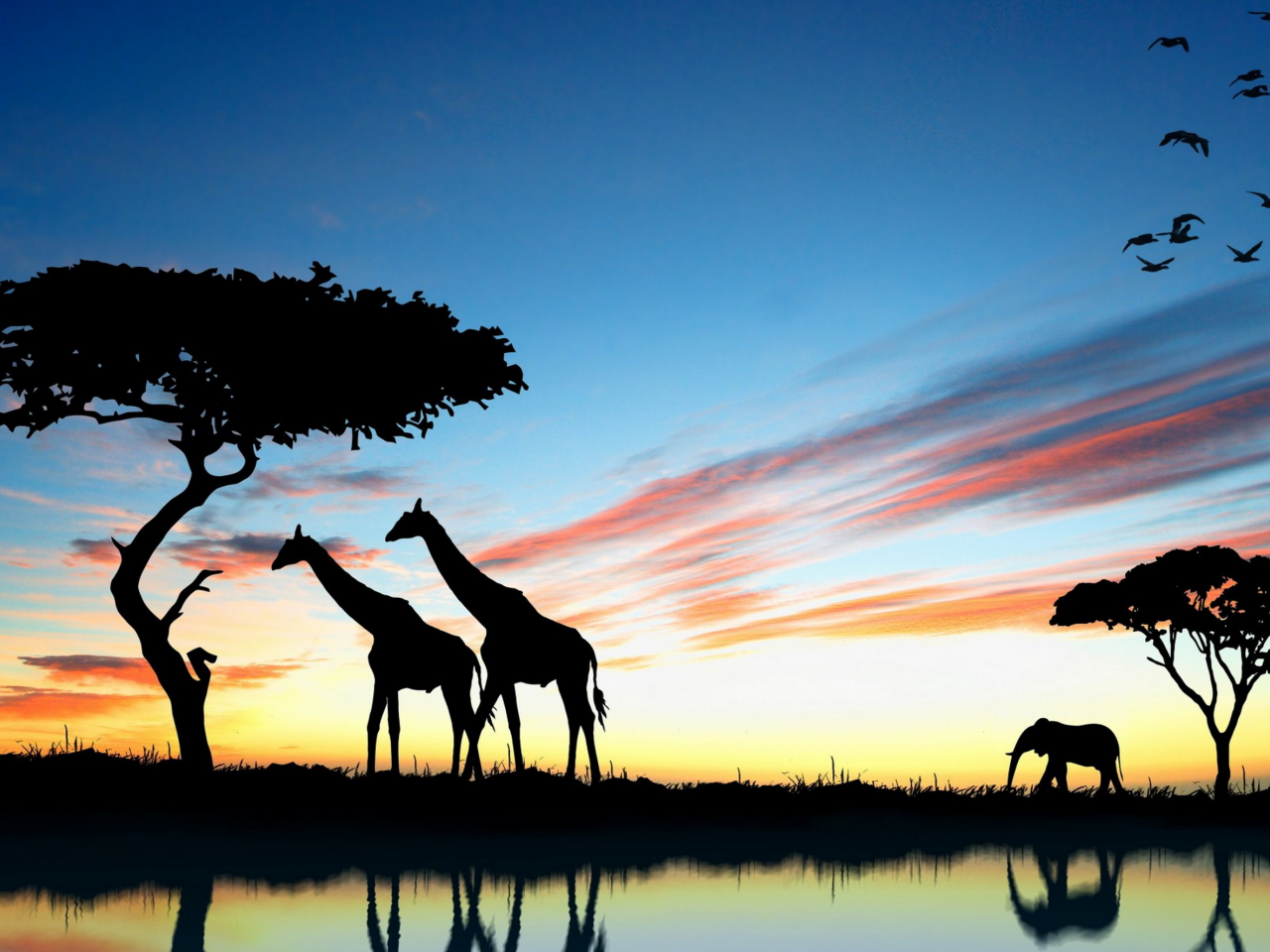 Жираф, закат, Африка, озеро, отражение, слон, небо, птицы