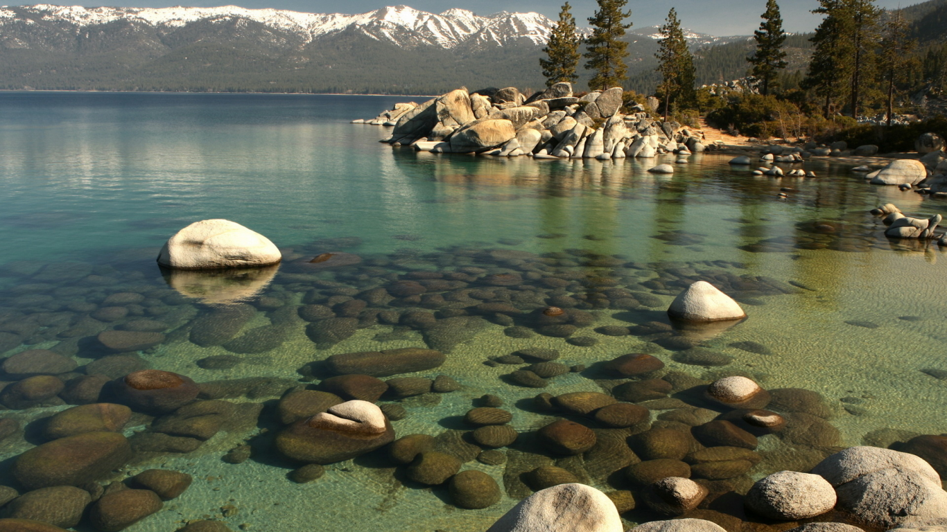 lake, rocks, mountains