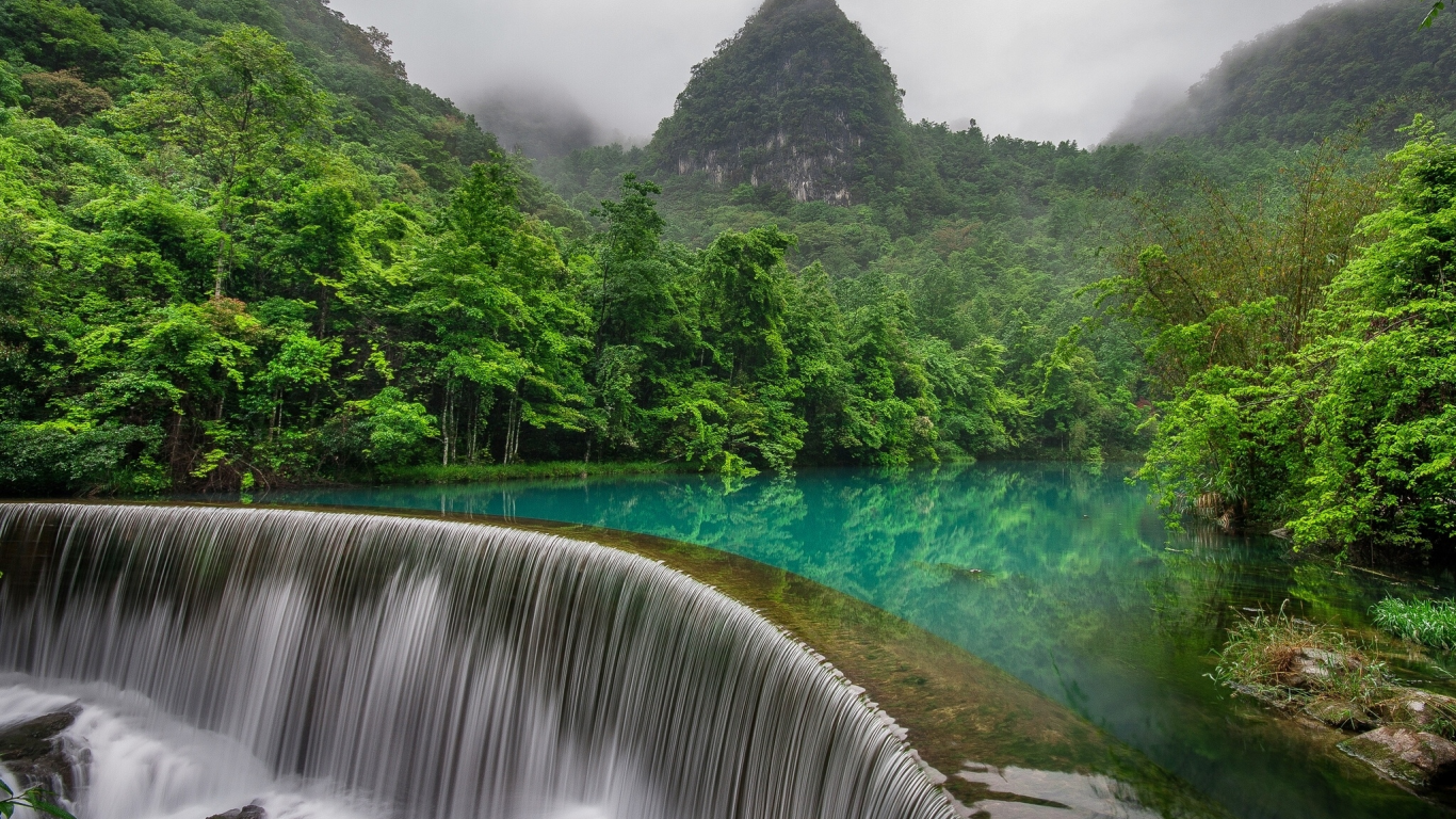 горы, река, водопад, guizhou, лес, china, либо, китай, libo county