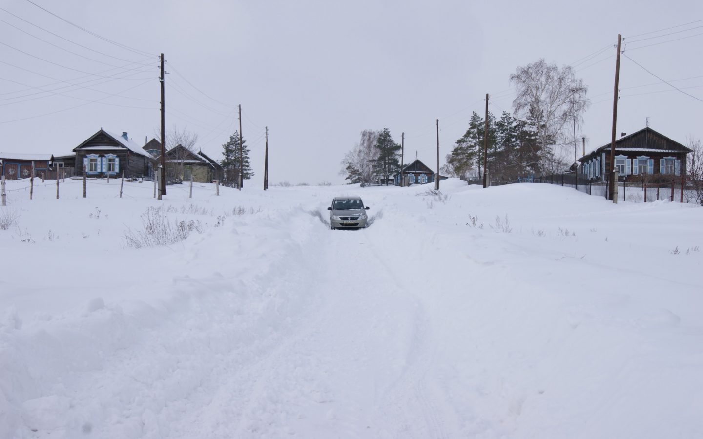 зима, деревня, снег, улица, сугробы, машина