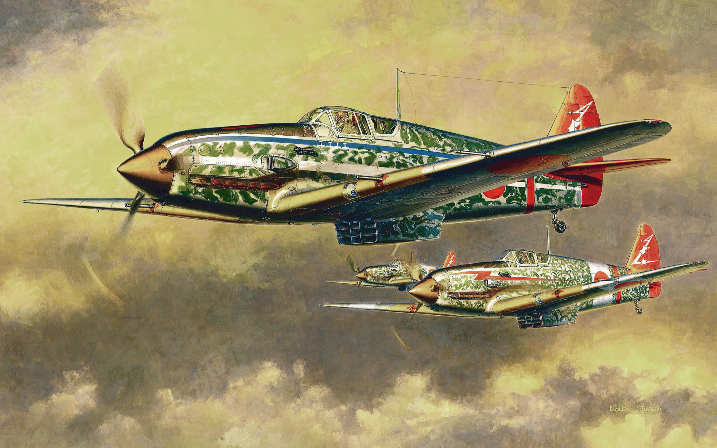 ww2, japanese fighter, japanese aircraft, painting, art, kawasaki ki-61 hien type i-hei, war