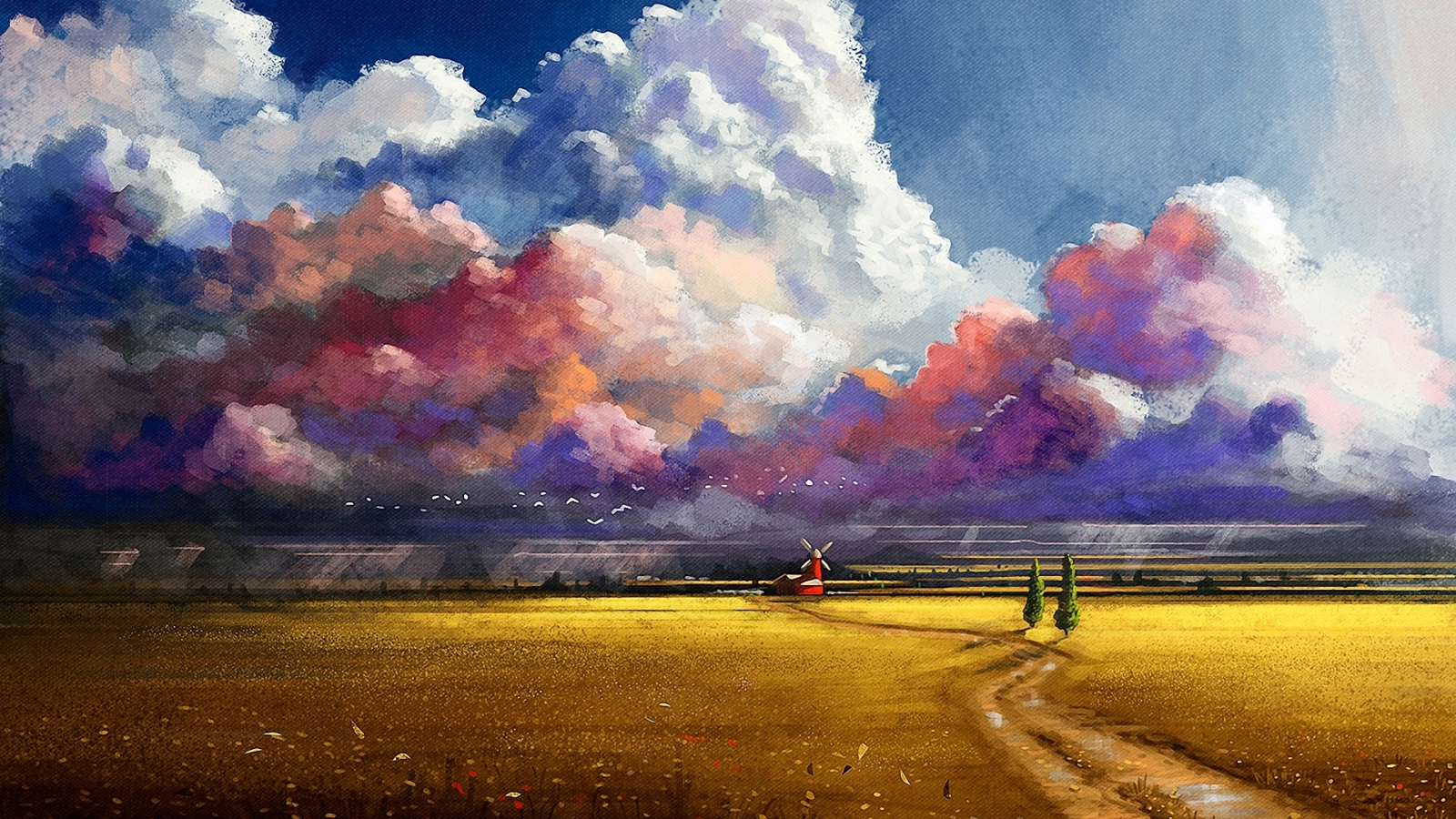 нарисованный пейзаж, дорога, поле, облака, деревья