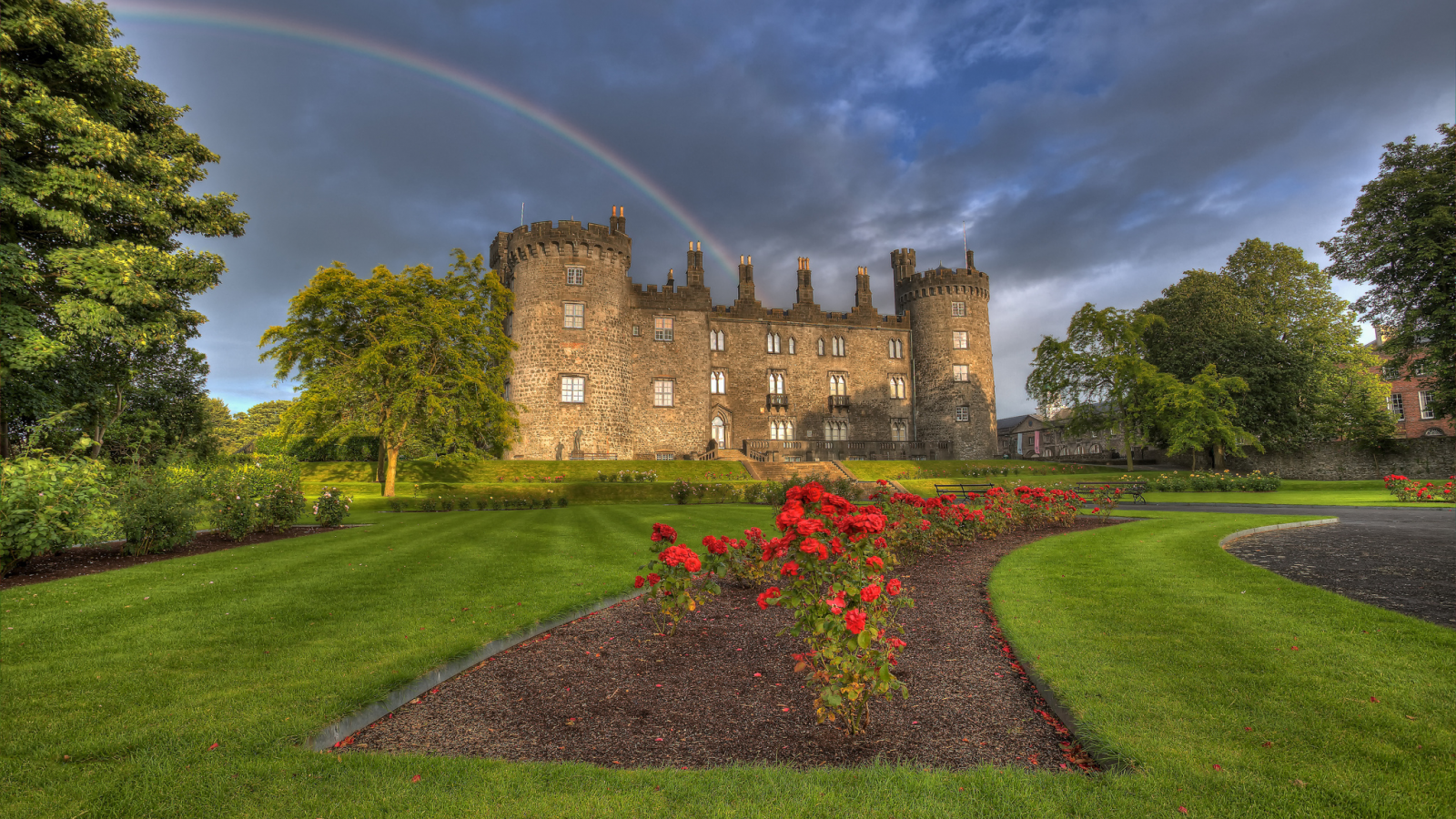 замок, цветы, kilkenny castle, ирландия, ireland, парк, радуга