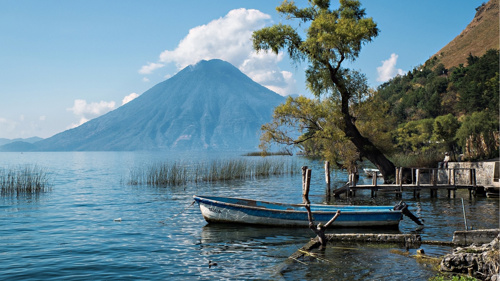 природа, реки, озера, озеро, атитлан, вулкан, гватемала, лодка, дерево