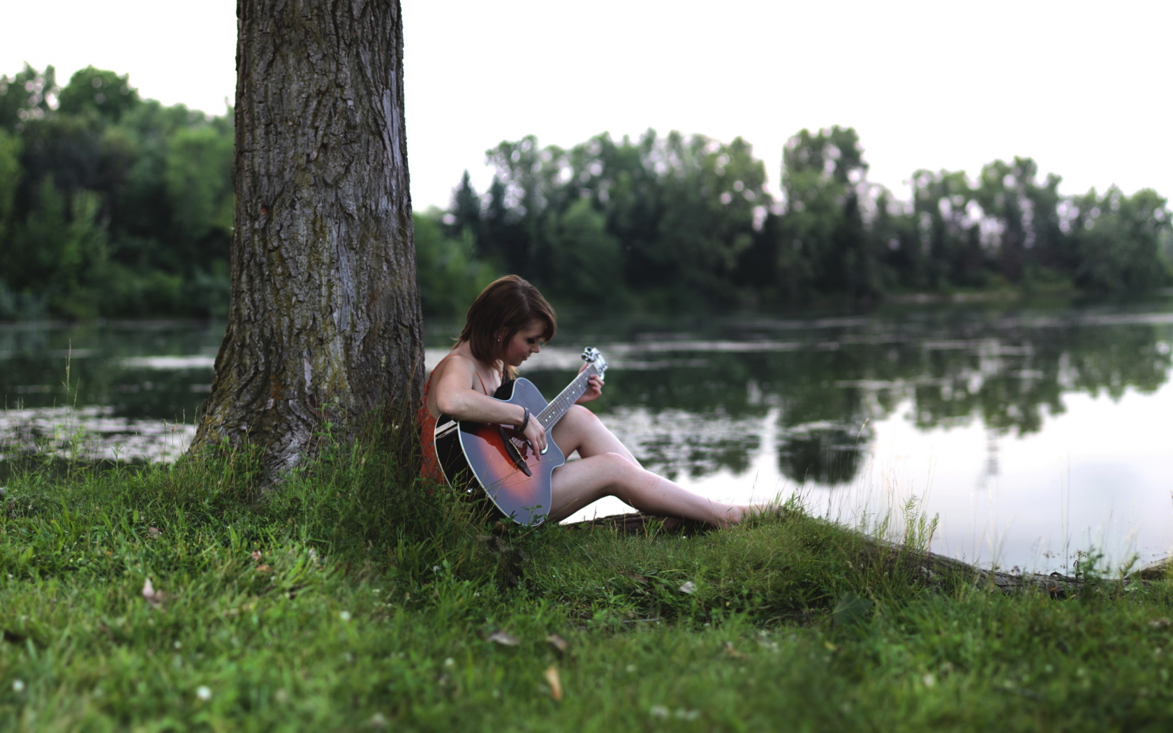 озеро, девушка, гитара