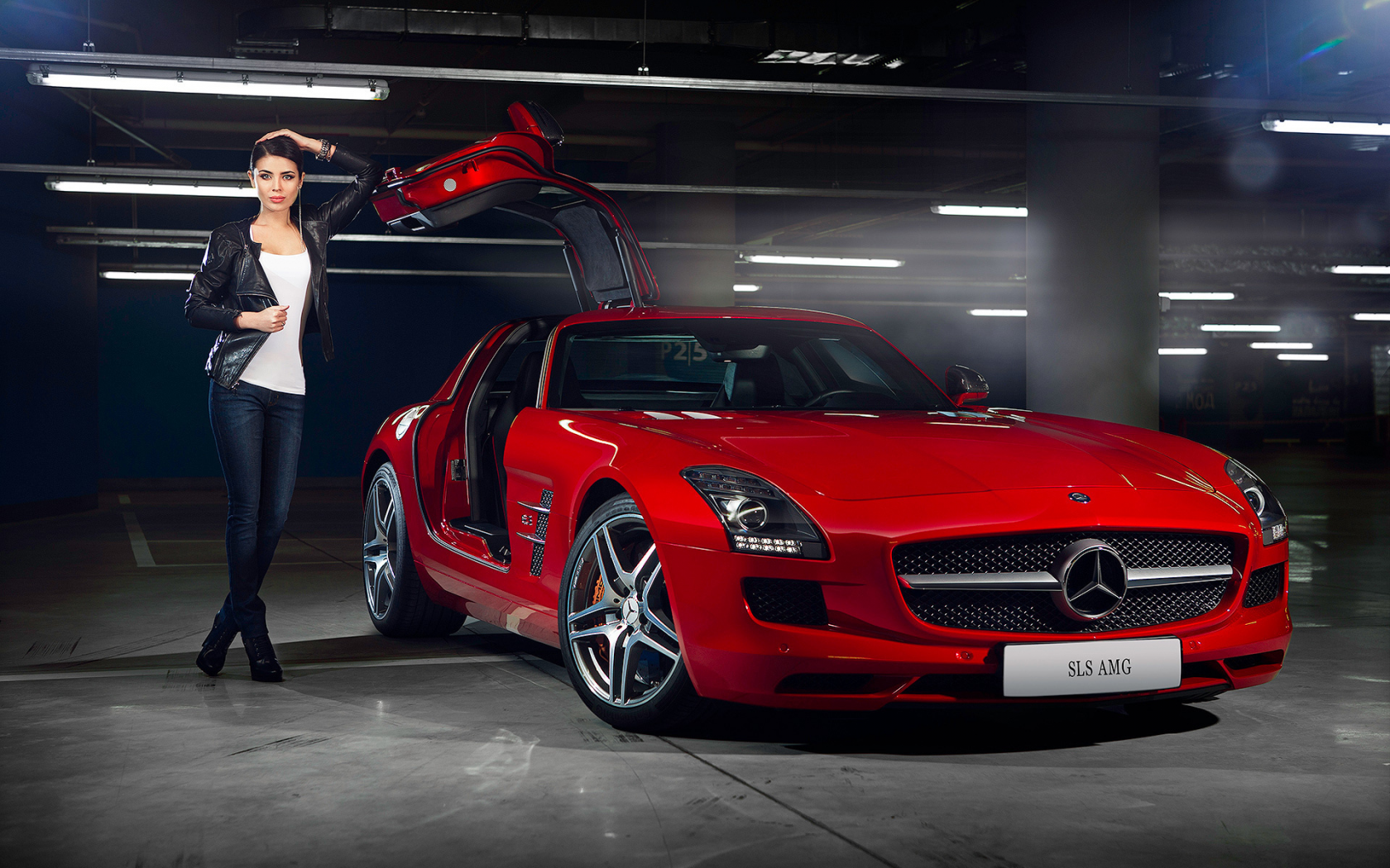 girl, beauty, supercar, amg, door, mercedes-benz, sls, red