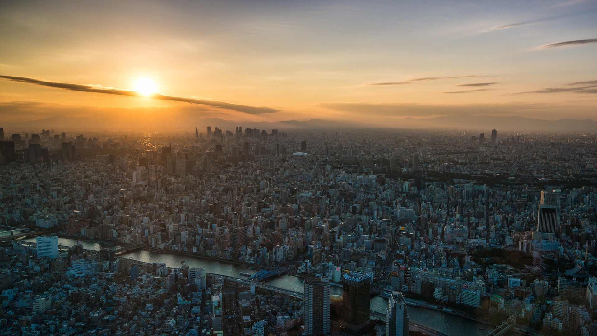 город, токио, река, tokyo, вид, закат, рассвет