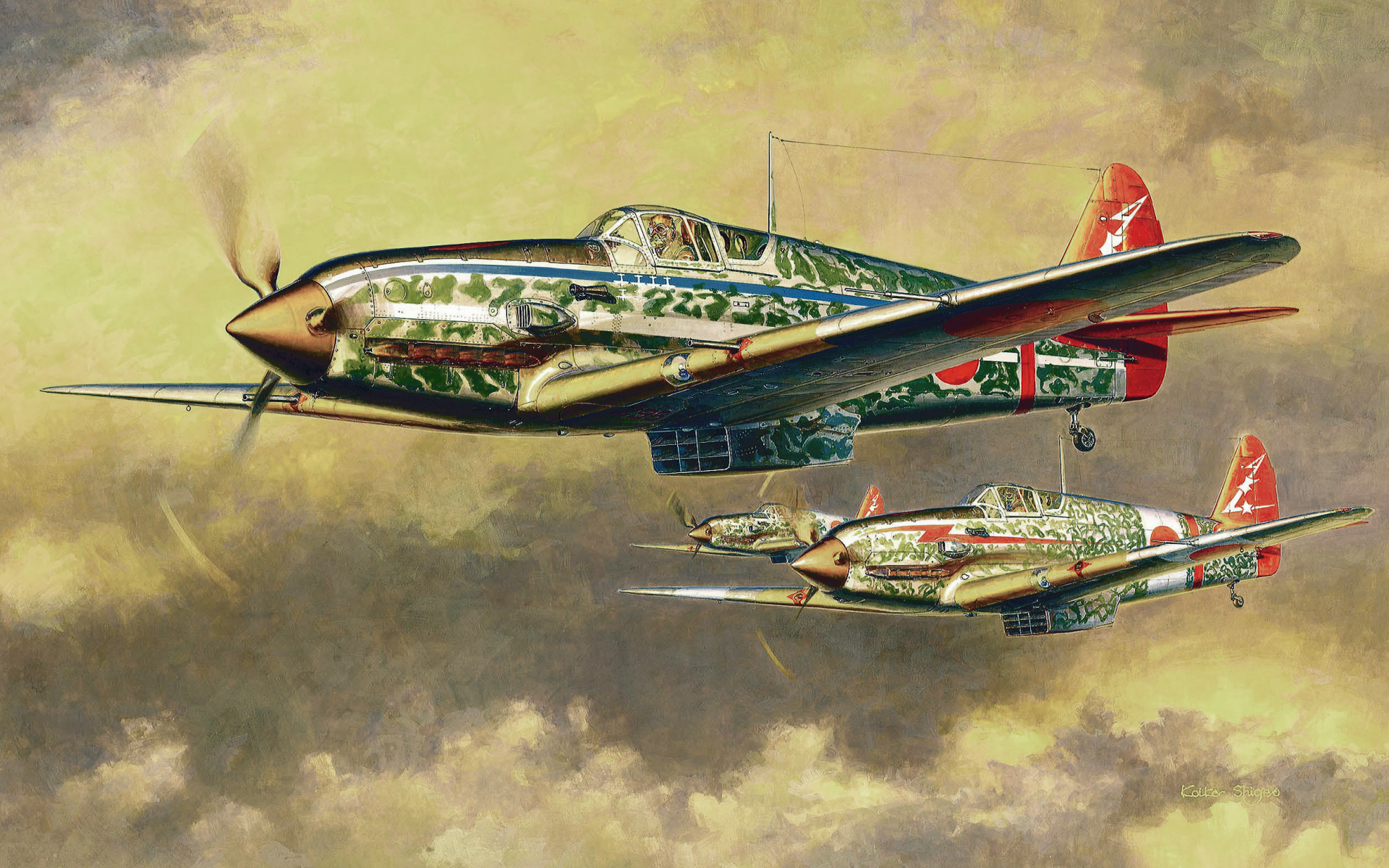 ww2, japanese fighter, japanese aircraft, painting, art, kawasaki ki-61 hien type i-hei, war