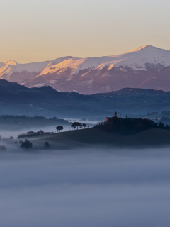 туман, italia, холмы, деревья, горы, regnano, дома, утро