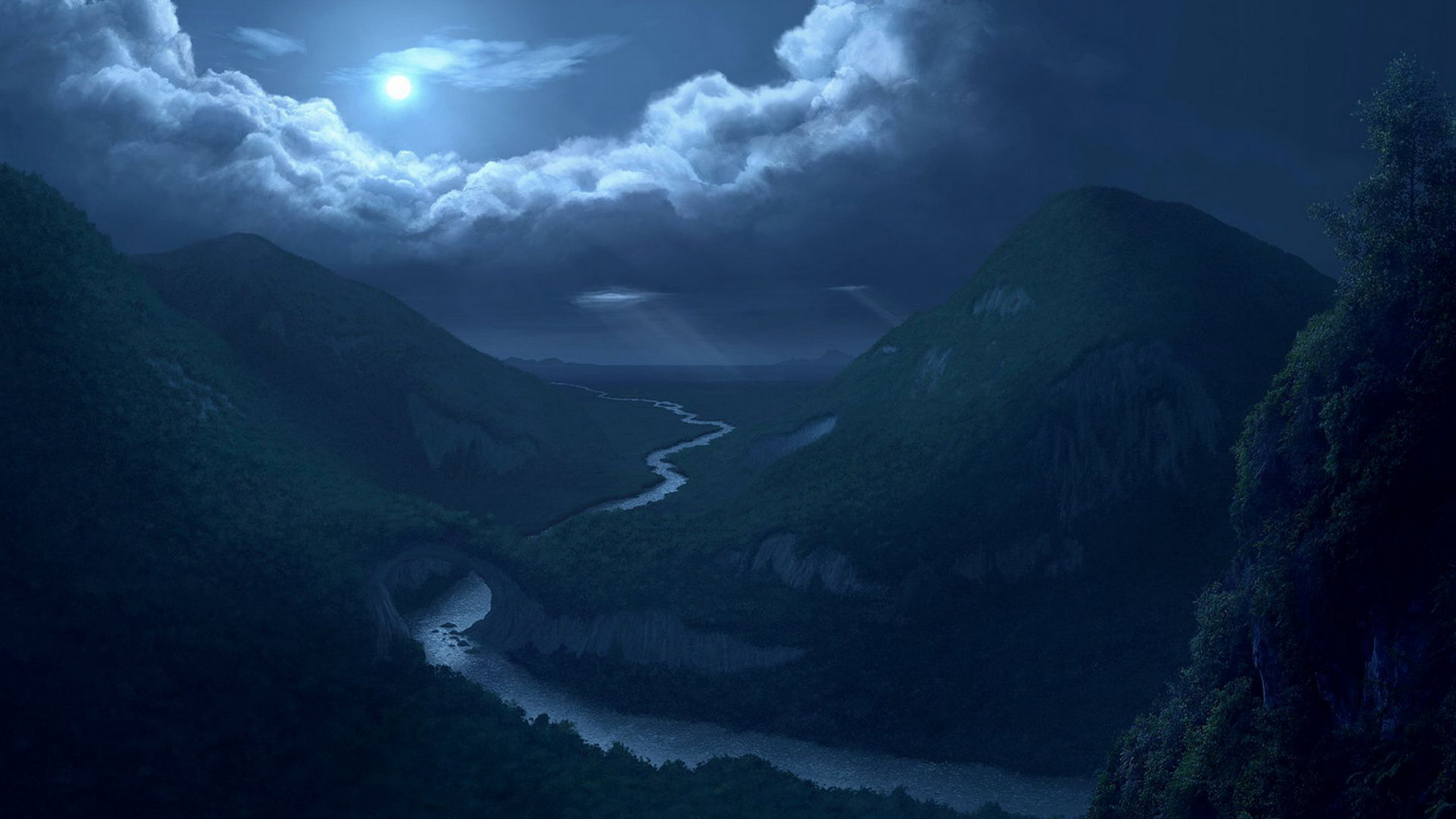 Ночь, луна, река, горы