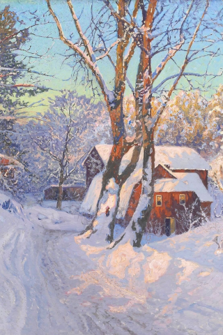 рассвет, домик, снег, зима, anshelm leonard schultzberg, пейзаж