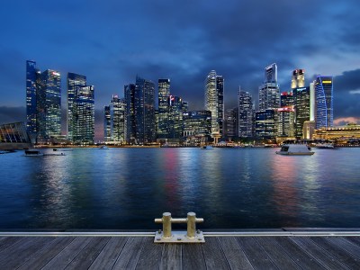 clouds, architecture, singapore, lights, gardens by the bay, night, skyscrapers, blue sky