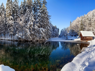 природа, реки, озера, река, снег, отражение, дом, зима