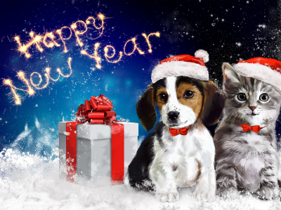 арт, животные, happy new year, собачка, новый год, котик