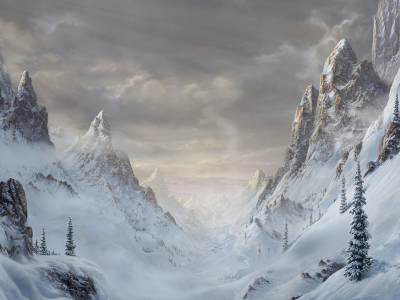 Картина, пейзаж, горы, снег, облака.