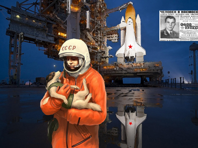 Космодром, космонавт, собака, корабль, пейзаж, акварель, 12апрель 1961.