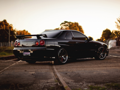 skyline, gtr, back, black, r34, nissan, railroad