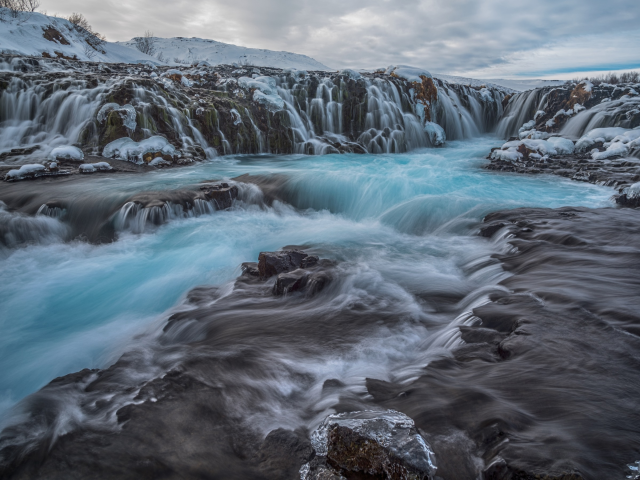 Iceland, Исландия, водопад, поток, скалы, камни, облака, природа, пейзаж