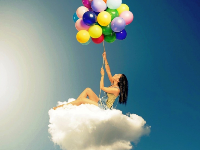 девушка, облако, воздушные шарики
