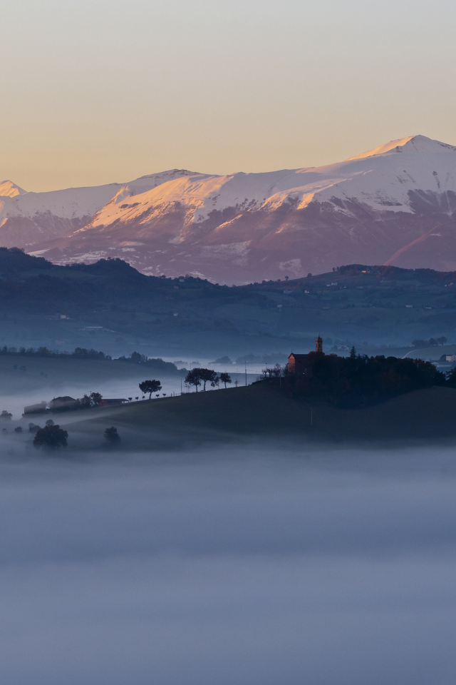 туман, italia, холмы, деревья, горы, regnano, дома, утро