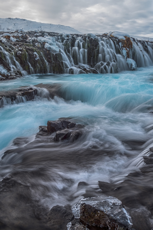 Iceland, Исландия, водопад, поток, скалы, камни, облака, природа, пейзаж