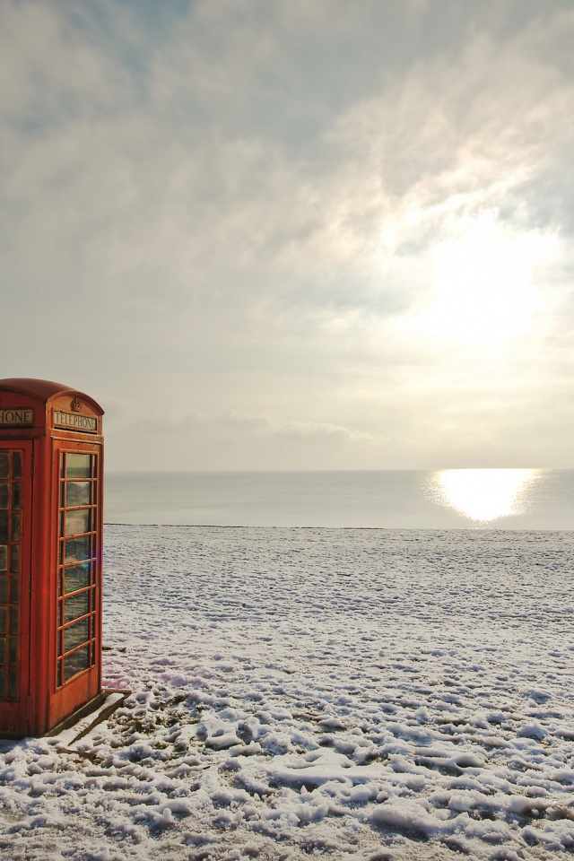телефонная будка, море, снег, пляж, зима