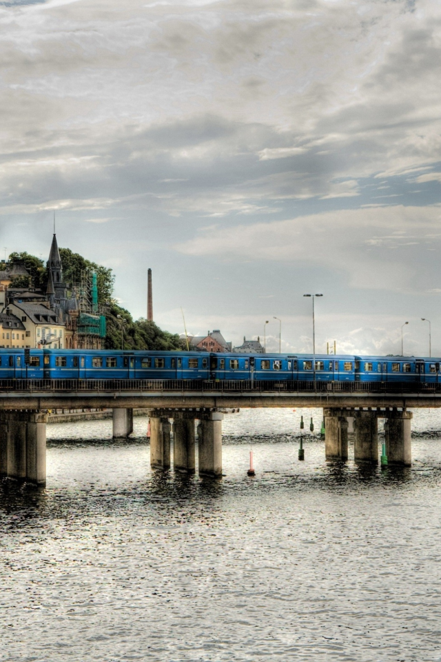 река, деревья, здания, мост, метро