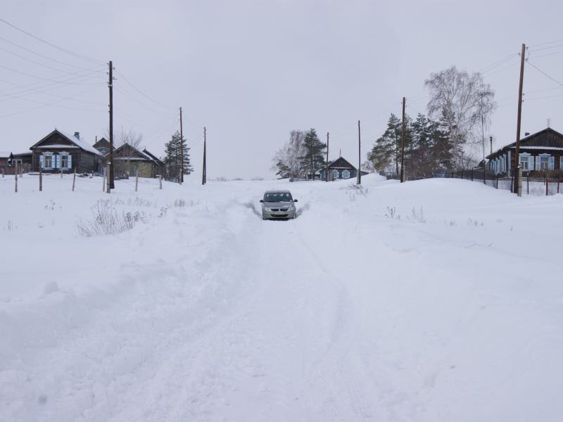 зима, деревня, снег, улица, сугробы, машина
