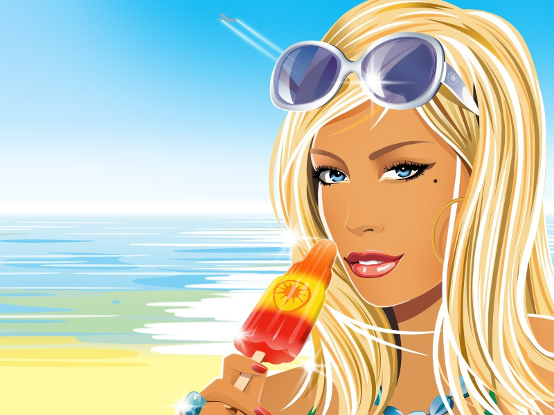 вектор, блондинка, лето, мороженное, море, очки