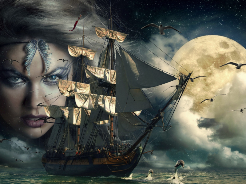 луна, облака, море, колдунья, корабль, дельфины