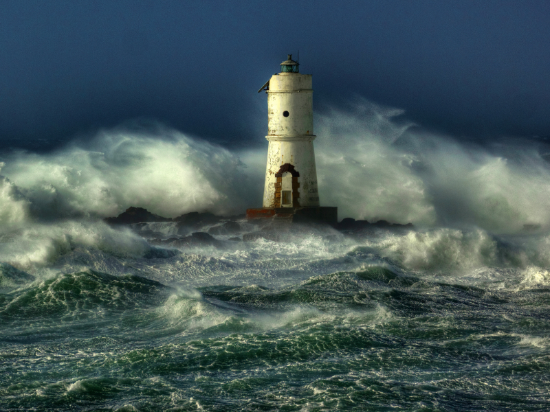 волны, море, маяк, шторм