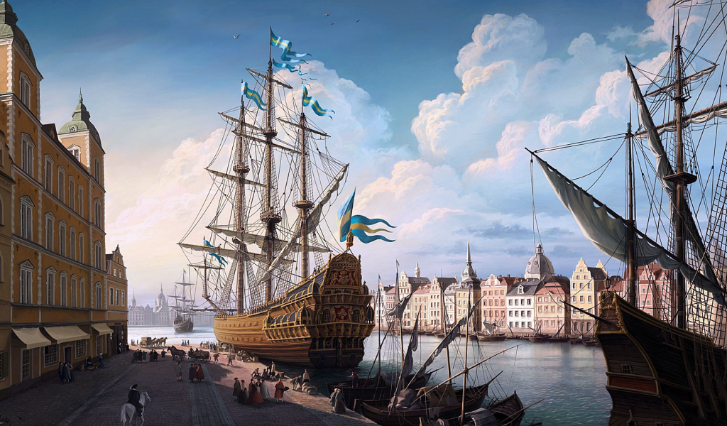 Картина, Швеция, город, порт, корабли, улица, люди, пейзаж.