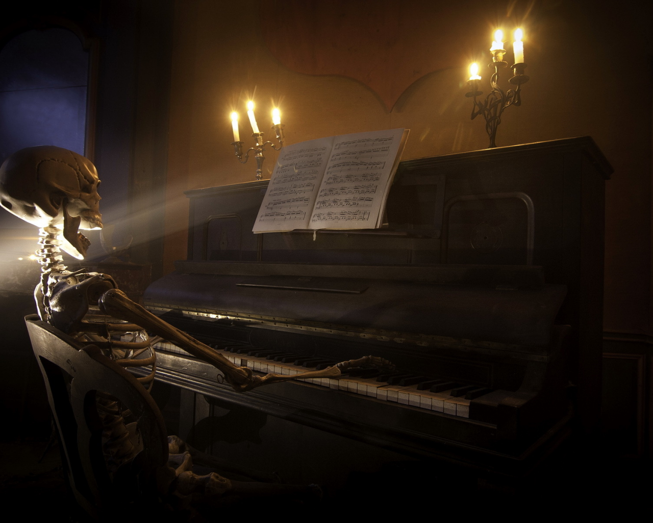 Фон, чёрный, пианино, скелет.