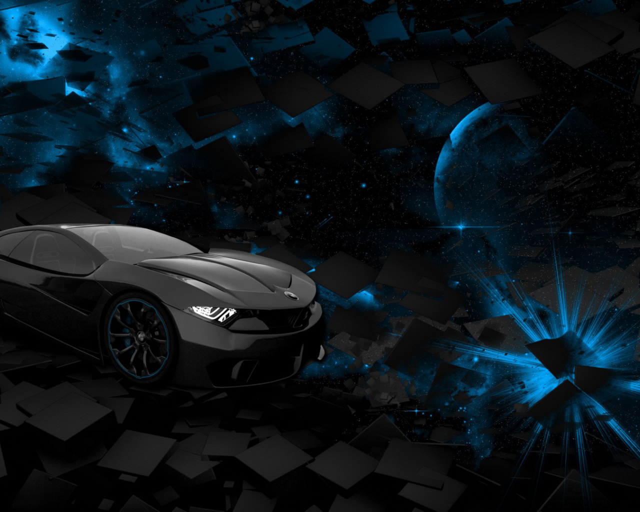 car, space, square, black, rendering, blue, planet, background