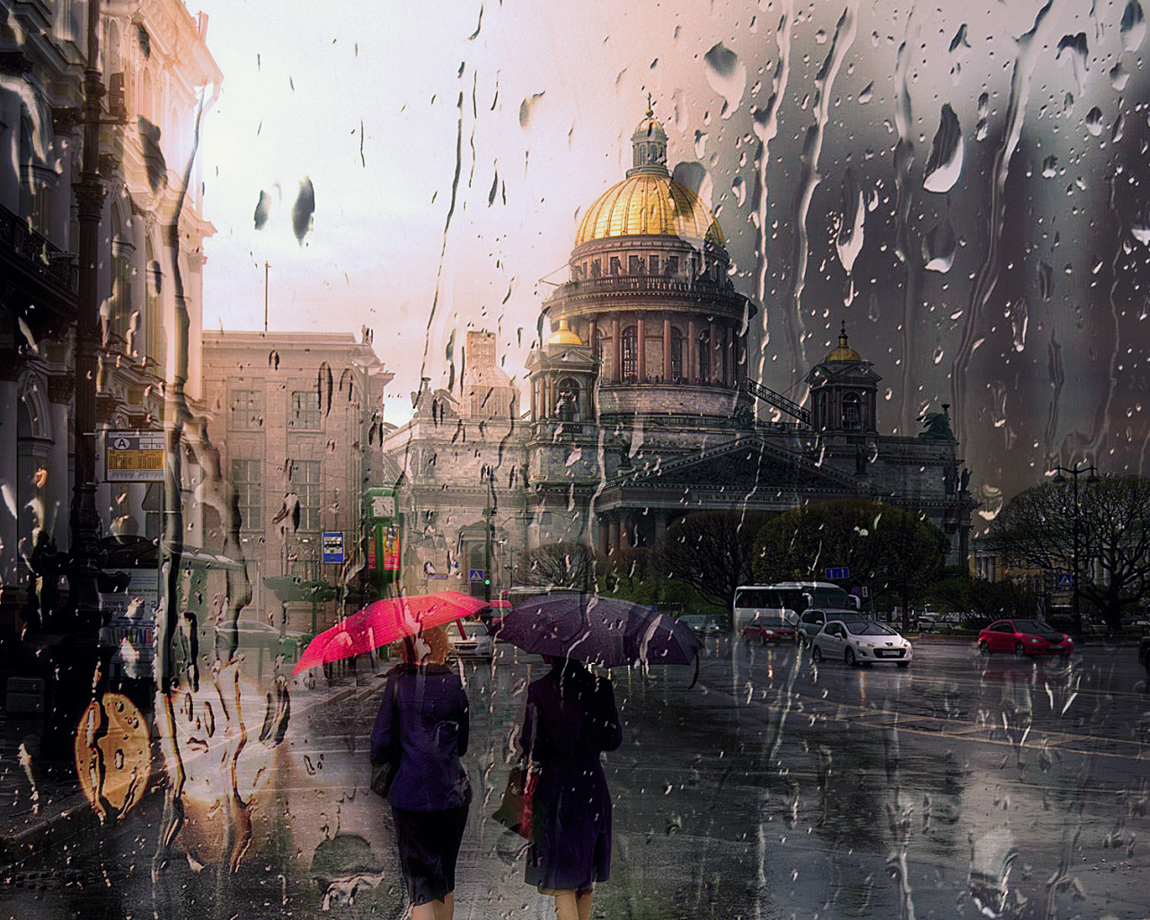 Санкт Петербург, дождь, люди, капли, Исаакиевский собор.