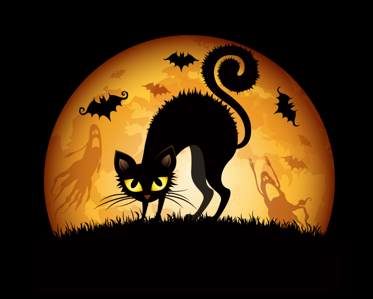 кошка, призраки, луна, halloween, хэллоуин, летучие мыши