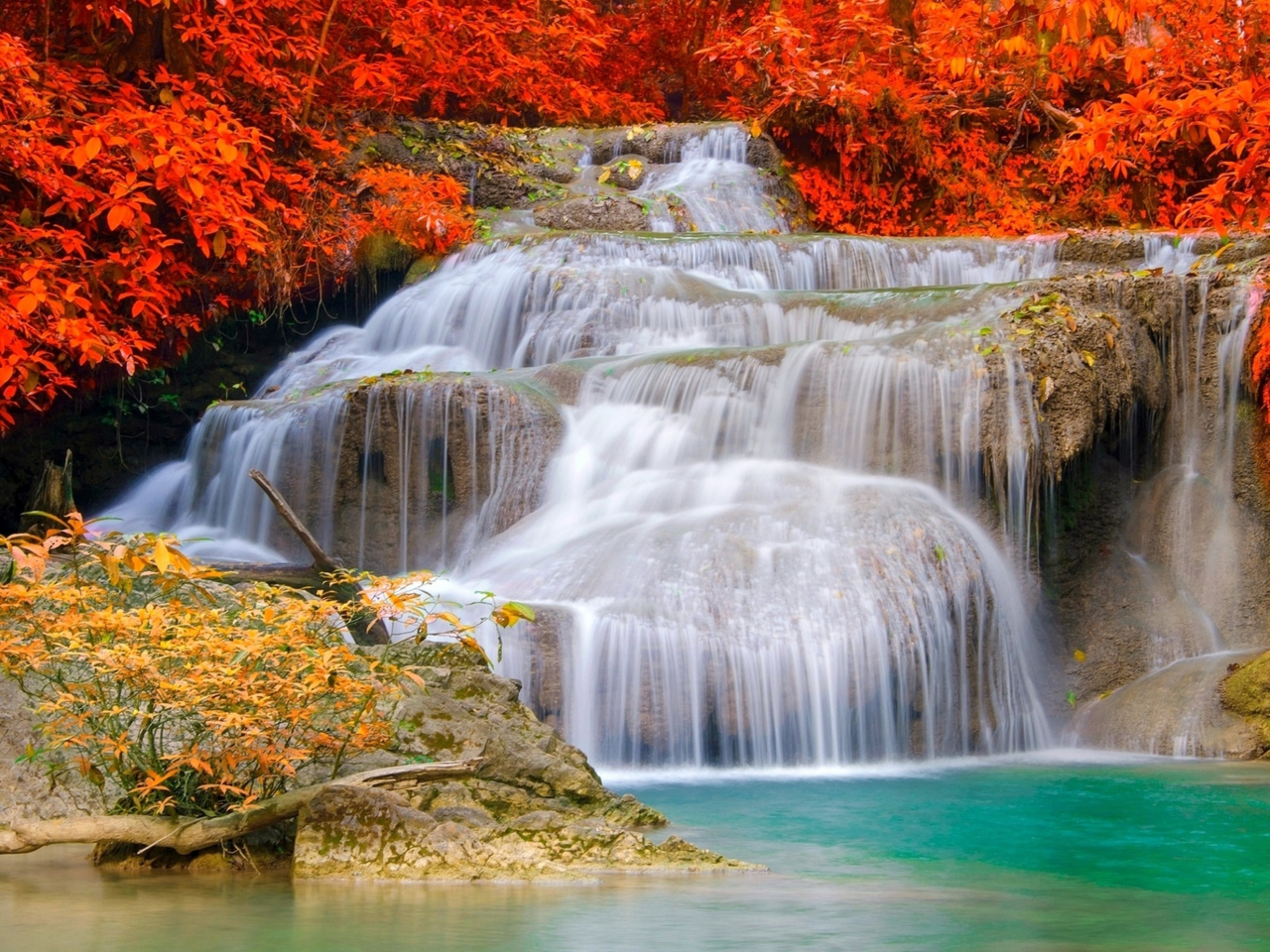 водопад, каскад, деревья, листья, разноцветные