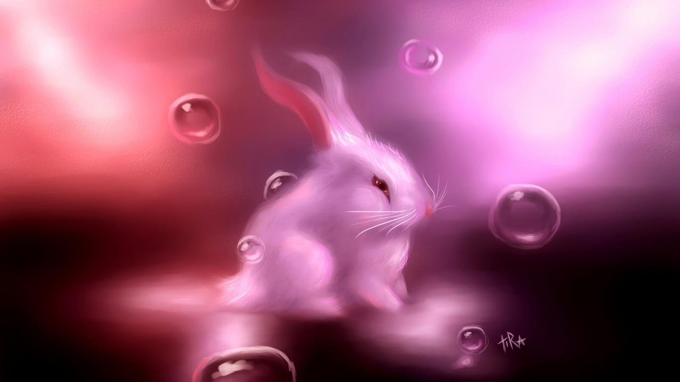 арт, кролик, зайчик, заяц, белый, розовый, пузырьки