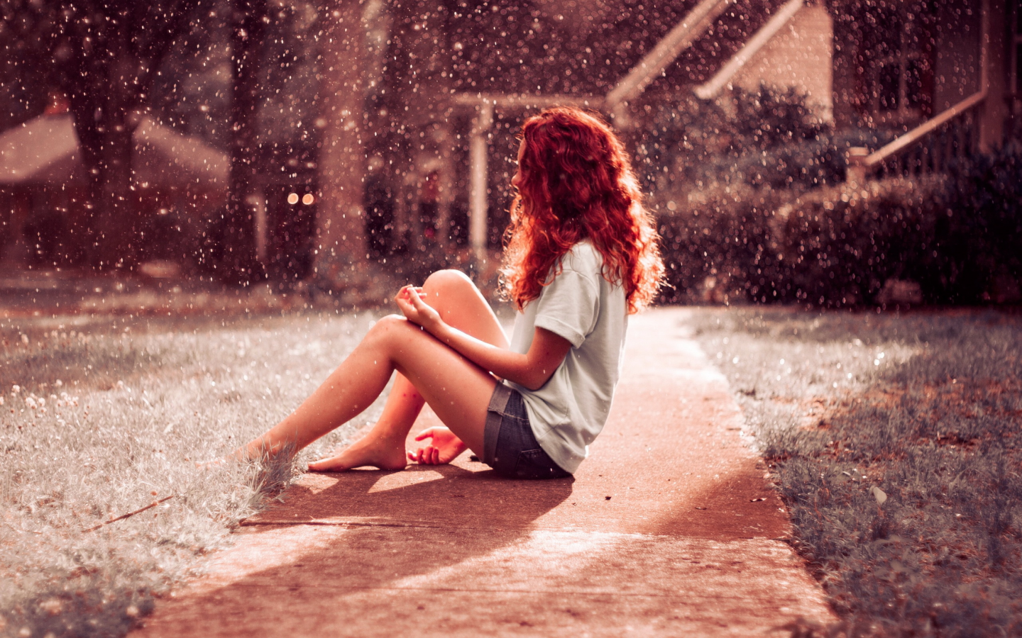hair, red, girl, rainfall