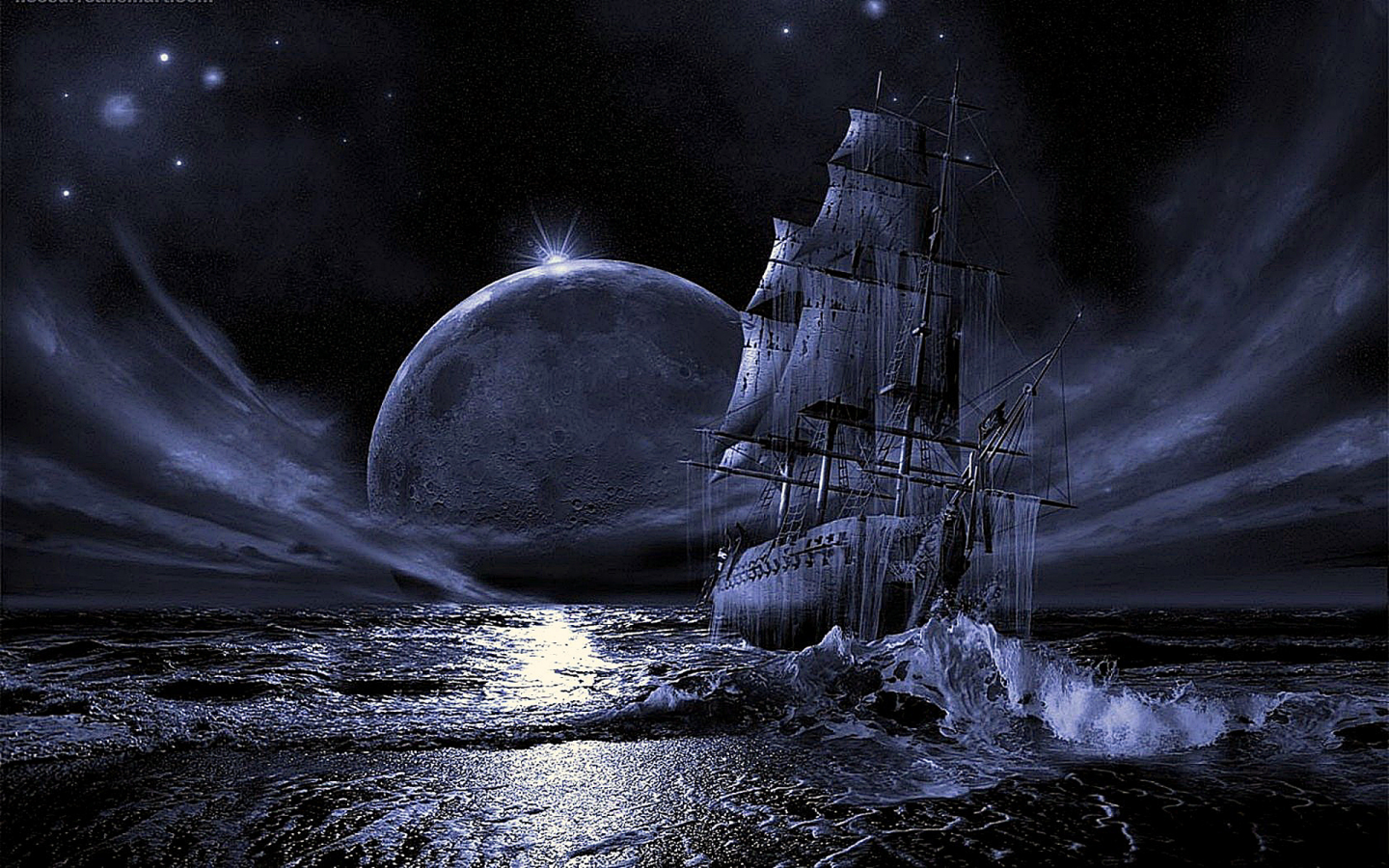 Ночь, луна, корабль, призрак.