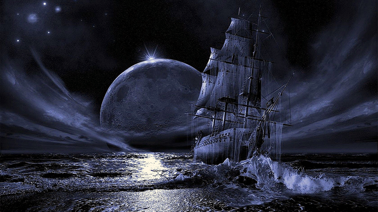 Ночь, луна, корабль, призрак.
