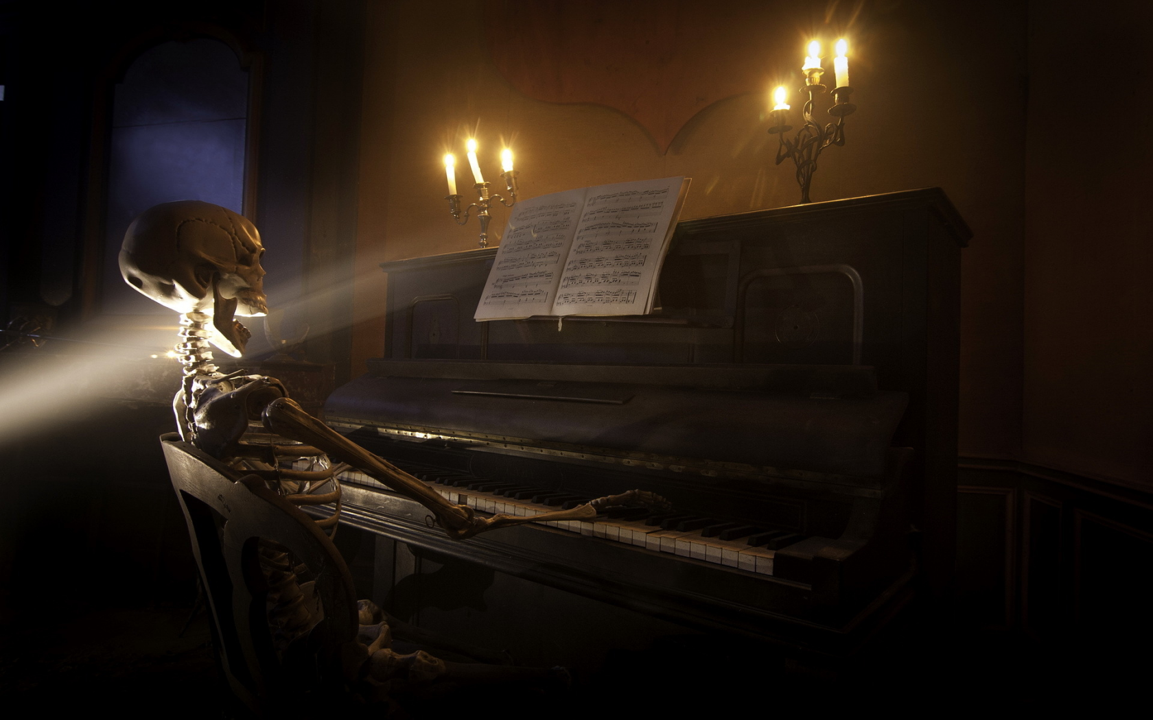 Фон, чёрный, пианино, скелет.