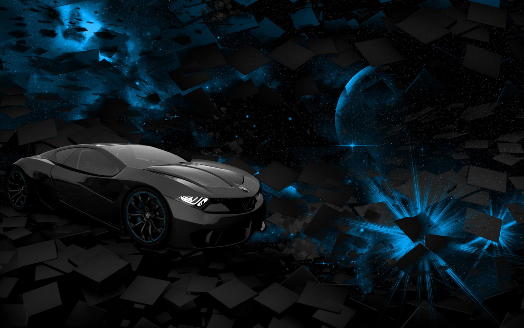 car, space, square, black, rendering, blue, planet, background