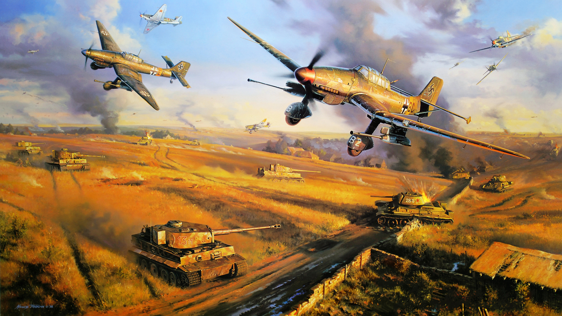 ww2, art, war, dogfight, german aircraft, drawing, aviation art, junker ju 87, army, painting